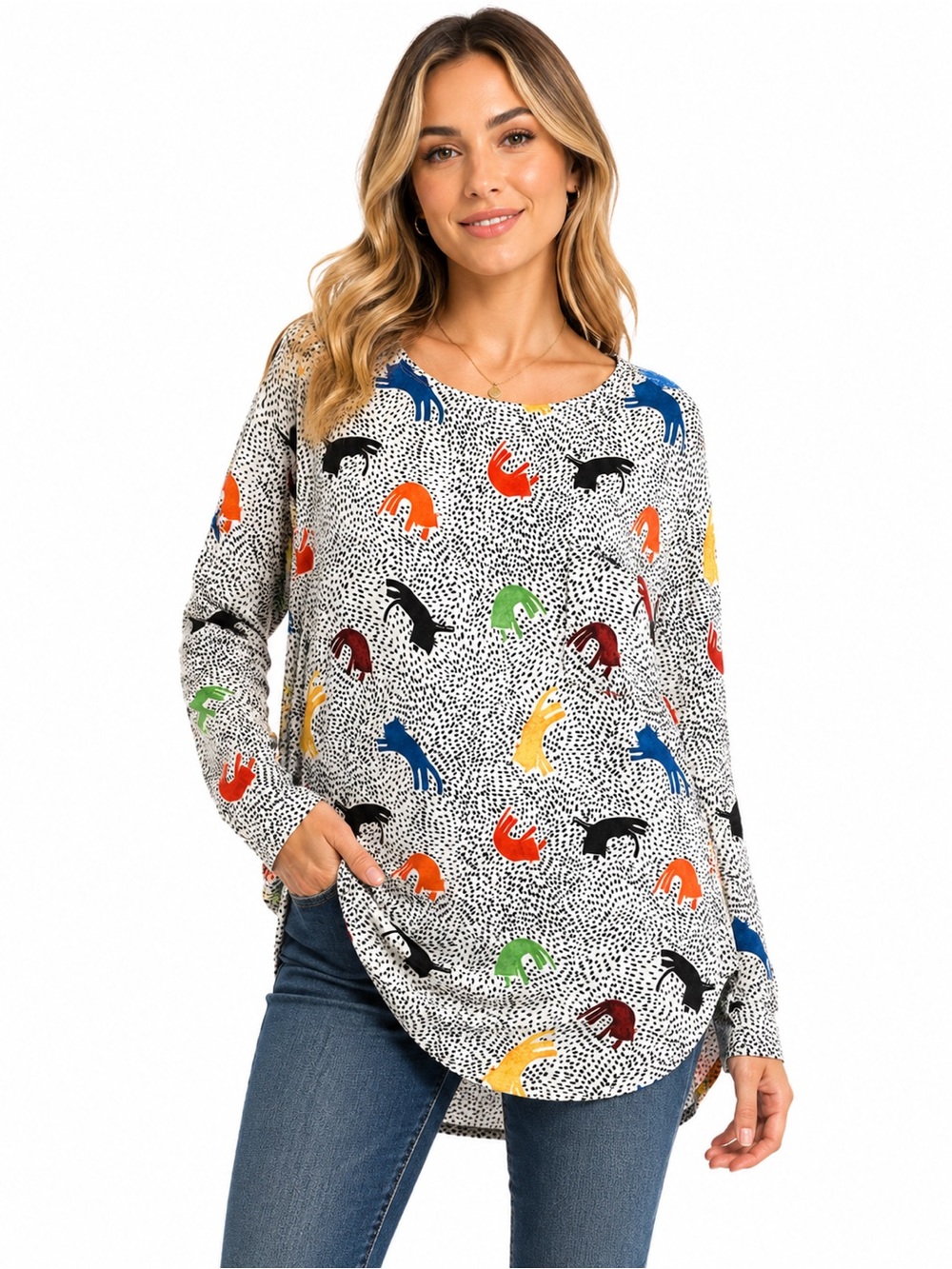 Chelsea & Theodore Cat Print Tunic Top Size M Multicolor